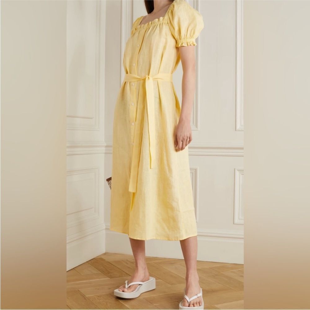 Sleeper Women's Yellow Linen Button Front Self-Tie Brigitte Dress NWT $290